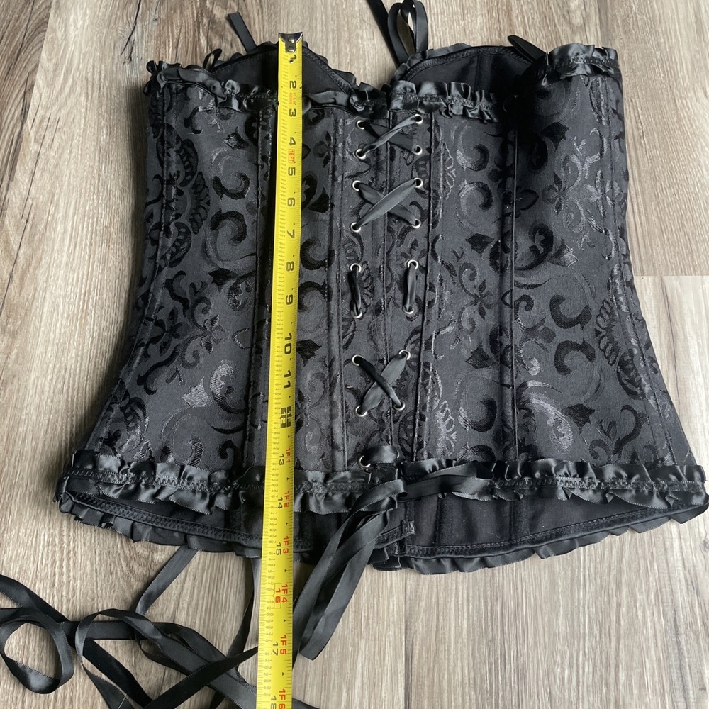 Black Damask Jacquard Corset Bustier Top Lace Up Back Ruffle Trim Size Large - Picture 4 of 7